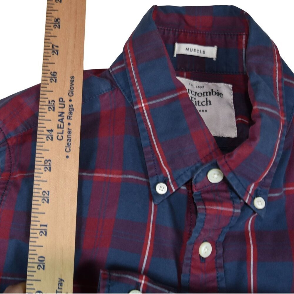ABERCROMBIE & FITCH Men's Shirt Muscle Blue Plaid Moose Logo Cotton Large - Picture 8 of 9